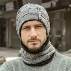 Gorro e cachecol forrado com lã masculina e feminina, chapéu grosso de malha quente, bonés masculinos, mais veludo, infantil, inverno - loja online