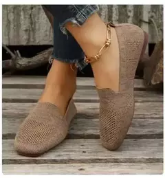 Cor sólida dedo do pé quadrado malha mocassins rasos mulheres apartamentos sapatos de fundo macio malha ballet apartamentos sapatos casuais deslizamento em sapatos de barco