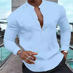 Imagem do Cardigã meio monocromático de manga comprida masculino, blusa com gola Henley, camisa rosa casual, férias havaianas, verão, 2023