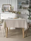 Toalha Retangular de Linho com Franja, 4 Estações, Monocromático, Bege, Vintage, Rústico, Decoração Casamento, Mesa de Cozinha, Quatro Estações