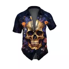 Camisa retrô masculina com estampa caveira rosa, roupa de festa, manga curta, casual, na moda, extragrande, tamanho S-5XL, moda, verão - loja online