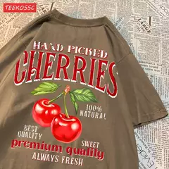 Camisetas femininas de estampa de cereja colhidas a mão, camisetas de algodão, gola redonda grande, manga curta macia, roupas femininas de rua, moda - loja online