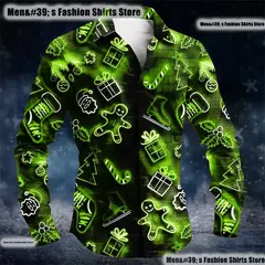Natal santa gingerbread motorando botão masculino camisa de lapela de manga comprida de alta qualidade, tamanho grande XS-6XL entrega rápida - Wolf Magazine