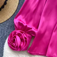Elegante cetim tridimensional flor manga longa lapela blusa chique vintage moda colheita topo feminino camisas de outono roupas