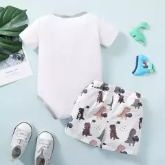 Dinossauro dos desenhos animados do bebê menino bodysuit manga curta e shorts set, desgaste do verão recém-nascido, moda criança, bonito, macio, 0-24 meses, 2pcs - Wolf Magazine