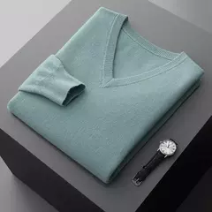 Suéter de cashmere com decote em v masculino espesso solto, lã de cor sólida, malha, casual para negócios novo, outono e inverno - Wolf Magazine