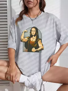 Camiseta de algodão de manga curta feminina, estampa fitness, extragrande, casual, solta, jogando jogadores na Mona Lisa - loja online