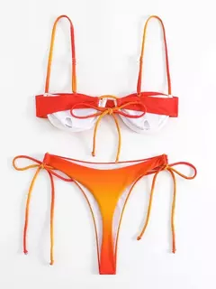 Fato de banho plissado com cordão feminino, biquínis arco, maiô sexy, banhista, conjunto de biquíni gradiente, moda verão, 2 peças - loja online