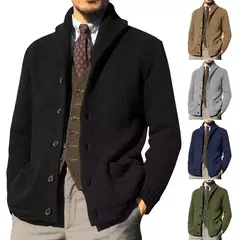 Homens casaco de malha lapela manga comprida bolsos engrossados cardigan camisola masculina outono botões sólidos placket casaco de malha para o trabalho na internet