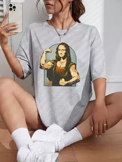 Camiseta de algodão de manga curta feminina, estampa fitness, extragrande, casual, solta, jogando jogadores na Mona Lisa na internet