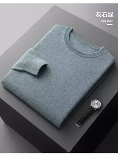 Pulôver masculino de malha com mangas compridas, suéter 100% lã merino, top casual básico de cor sólida, moda
