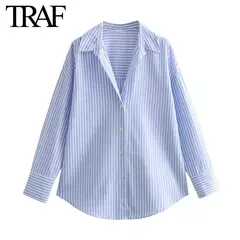 TRAF-Blusa Oxford de Algodão Single-Breasted Feminina, Camisa Manga Longa, Tops Chiques, Lapela, Roupa de Rua, Senhoras, Moda na internet