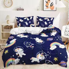 Conjunto de cama de unicórnio arco-íris, king size, queen, unicórnios arco-íris, conjunto de capa de edredom com fronha, roupa de cama de poliéster para crianças e meninas