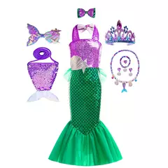 Meninas roxo-azul sereia ariel cosplay vestido de halloween vestido de festa de aniversário meninas praia vestido de férias - loja online