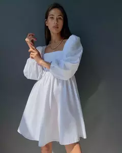 Vestido sem encosto sexy feminino com gola quadrada francesa, vestido bowknot, manga comprida solta, doce mini vestidos de festa, monocromático, novo, outono, 2024