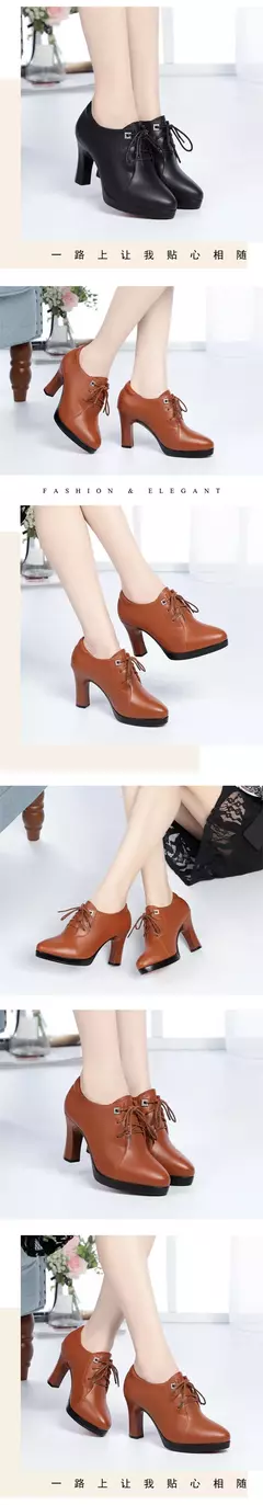 Botas de couro macio para mulheres, salto grosso, marrom clássico, com cordões