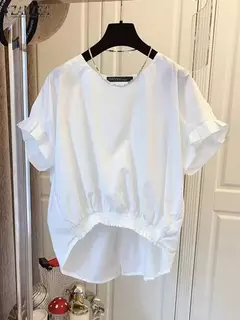ZANZEA-Blusa de manga curta feminina, tops elegantes, gola em O, camisa monocromática OL, tops casuais femininos, soltos, festa, moda, verão - loja online