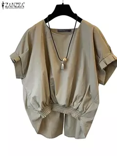 Imagem do ZANZEA-Blusa de manga curta feminina, tops elegantes, gola em O, camisa monocromática OL, tops casuais femininos, soltos, festa, moda, verão