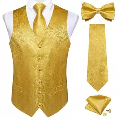 Festa de casamento ouro colete paisley floral jacquard colete masculino 4 pçs colete gravata lenço anel hanky abotoaduras conjunto dibangu - loja online