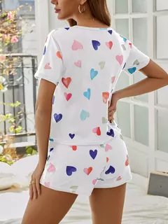 Pijamas de manga curta feminina, shorts estampados em coração, conjuntos de pijama feminino, lounge feminino, t plus size, 2 peças - loja online
