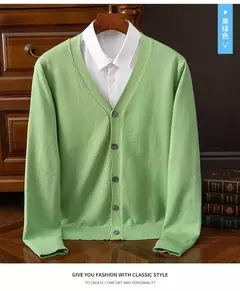 Imagem do Casaco de caxemira merino masculino, cardigã com decote em v, cor sólida, casaco de malha acolchoado, quente, casual, outono, inverno, 100%, 2024