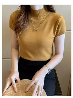 Imagem do Camiseta feminina de malha meia gola alta, elegante monocromática, manga curta, pulôver casual versátil, tops magros, verão, nova