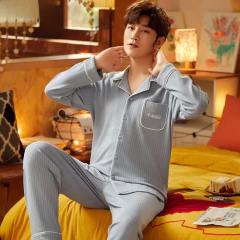 Conjunto de pijama masculino 100% algodão manga comprida solto casual outono/inverno temporada cardigan pijamas - Wolf Magazine