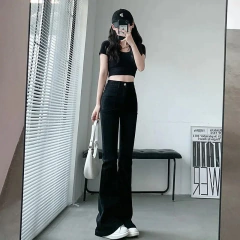 Fenda Lateral Micro Flared Jeans, Jeans de Cintura Alta, Calças Franjas Emagrecedoras, Cor Café, Fundo de Sino, Marrom, Novo, Primavera, Outono, 2022 - Wolf Magazine