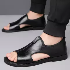 Sandálias de couro para homens, sapatos de praia confortáveis, chinelos casuais ao ar livre, chinelos de marca de moda