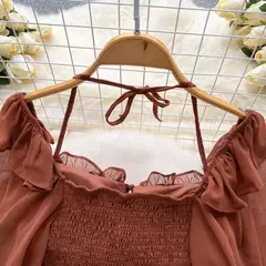 SINGREINY-Blusa Chiffon de Manga Flare para Mulheres, Tops Ruffle, Cintura Elástica Sólida, Halter Backless, Slim Ladies, Harajuku Sexy Blusa Curta - loja online