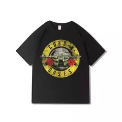 Camiseta estampada com armas de rock e rosas masculina, algodão puro, gola redonda, manga curta, parte superior - Wolf Magazine