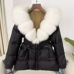Imagem do Oftbuy 2024 jaqueta de inverno feminina gola de pele de raposa natural real com capuz grosso quente 90% pato branco para baixo casaco feminino streetwear casual