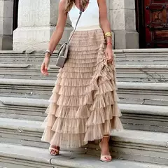 MOUKYUN-Saias Longas Plissadas das Mulheres, Ruffles Design, Malha Sexy Elegante, Saias Soltas de Renda, Patchwork Gaze, Traje de Festa, Sólido - loja online