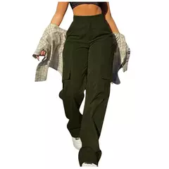 Imagem do Calça de perna larga feminina, bolso com aba de rua, detalhes da fivela lateral, calças paraquedas hip hop, moda Y2K