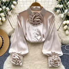 Imagem do Elegante cetim tridimensional flor manga longa lapela blusa chique vintage moda colheita topo feminino camisas de outono roupas