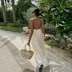 Vestido maxi feminino com sling oco, sem mangas, sem costas, vestidos soltos, streetwear casual, moda feminina, cor contrastante, sexy, 2024 na internet