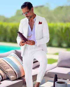 Terno de linho de peito único masculino, casaco casual, desgaste formal do trabalho, jaqueta, calças, slim fit, negócios, casamento, noivo, verão, 2 peças