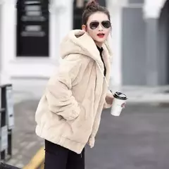 Jaqueta feminina com capuz de flanela forrada a lã, jaqueta curta solta, manga longa quente, comprimento médio, versão coreana, inverno, novo estilo - comprar online