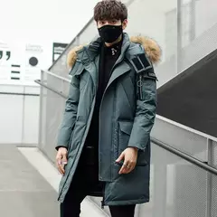 Casaco de pato branco com capuz masculino, jaqueta grossa quente, lã e mistura, alonga parka, casaco de inverno masculino de alta qualidade, novo na internet