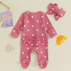 Pudcoco-macacão de bebê menina com estampa de coração, manga comprida para os pés, com zíper e bandana de 0 a 6 anos na internet