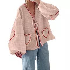 Camisas femininas com gola V, bordado de coração, xadrez, nó frontal, blusa de gravata, primavera, verão, tops casuais, moda, Y2K na internet