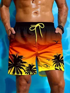 Homens com estampa palmeira com cordão cintura calções de bordo, moda sunga respirável streetwear curto, estampa 3D, férias de verão - comprar online