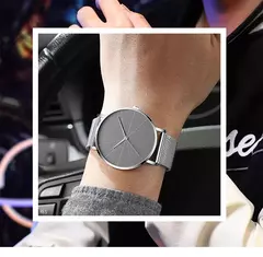 Homens de aço inoxidável quartzo relógio de pulso, prata pulseira relógios, malha cinto, calendário, negócio, luxo, moda - loja online