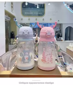 Garrafa de água Deer Horn para crianças, grande capacidade, copo de palha de plástico, estudante, menina kawaii, crianças, desenhos animados, 500ml