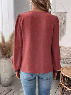 Elegante oco out camisa de renda feminina, pulôver profundo com decote V, blusa monocromática, jacquard lanterna manga longa tops, feminino - loja online