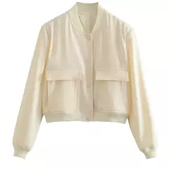 Jaqueta Bomber Cropped feminina, Casaco de manga comprida, Beisebol de botões, Casaco Aviador, Preto, Branco, Outono, Inverno - Wolf Magazine