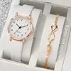 Relógio de couro branco feminino, relógio de quartzo simples com bracelete coração amor, conjunto 2 peças