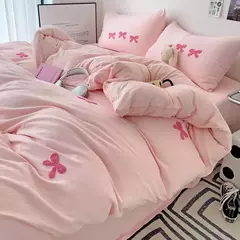 Cute Pink Bows Embroidery Duvet Cover Set, Conjuntos de cama 3D Confortável Rainha Consolador, capas macias para meninas, crianças, adolescentes