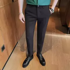 Calça de cintura elástica cor sólida para homens, calça casual slim fit, vestido de festa social, roupas de negócios de alta qualidade - comprar online