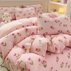 Conjunto de cama infantil com 3 peças, colcha rosa, capa de edredão floral vegetal, padrão de gato, desenhos animados fofos, conjunto de cama para meninas, decoração do quarto - loja online